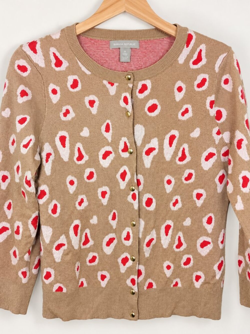 Banana Republic Animal Print Button Front Cardigan Sweater Tan Red M